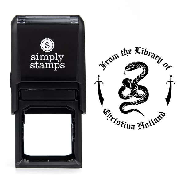 Front view of self-inking stamp body with library book stamp impression example