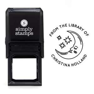 Front view of self-inking stamp body with library book stamp impression example