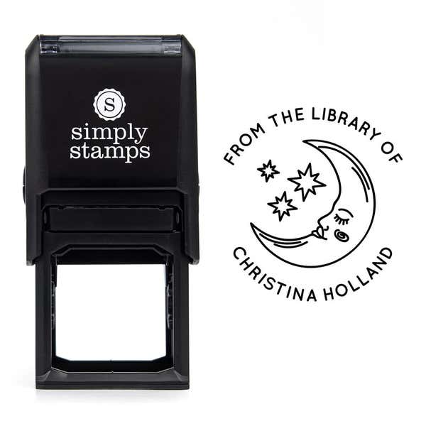 Front view of self-inking stamp body with library book stamp impression example