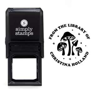 Front view of self-inking stamp body with library book stamp impression example