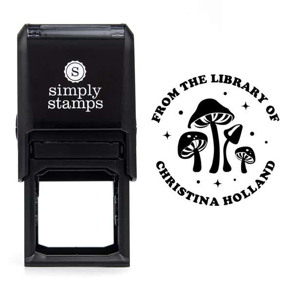 Front view of self-inking stamp body with library book stamp impression example