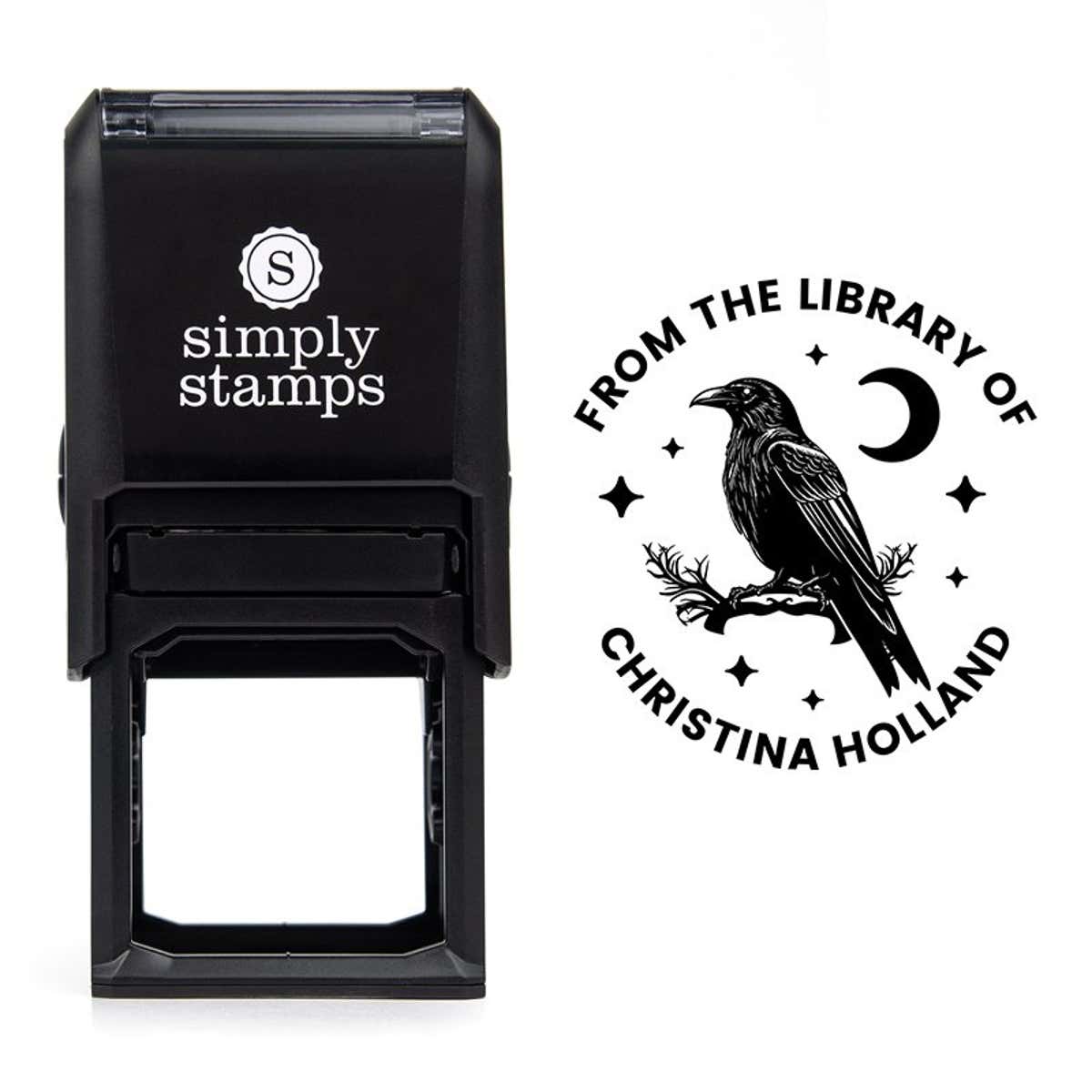 Front view of self-inking stamp body with library book stamp impression example