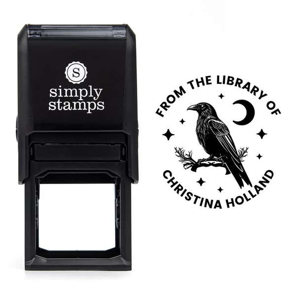 Front view of self-inking stamp body with library book stamp impression example