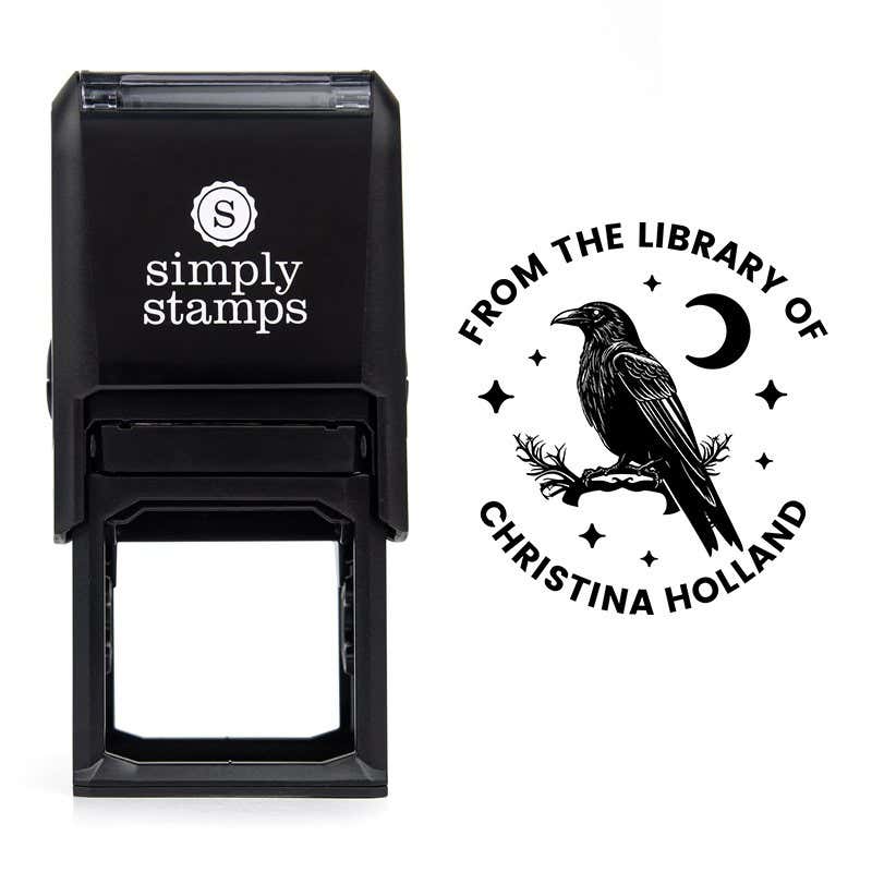 Front view of self-inking stamp body with library book stamp impression example