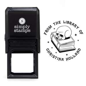 Front view of self-inking stamp body with library book stamp impression example