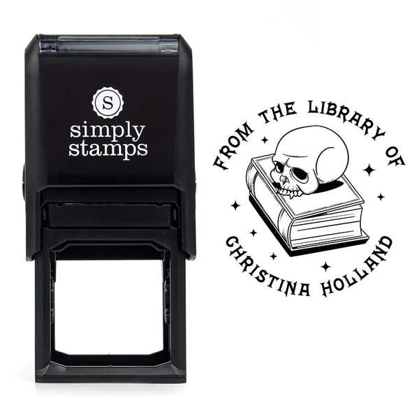 Front view of self-inking stamp body with library book stamp impression example