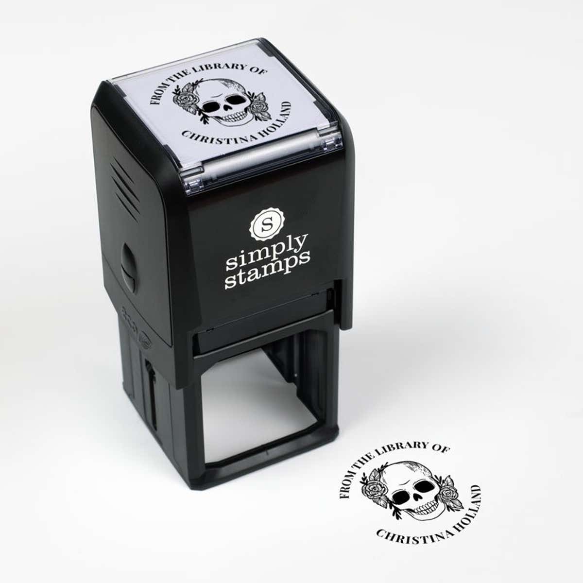 Library book stamp impression and self-inking stamp body with white background