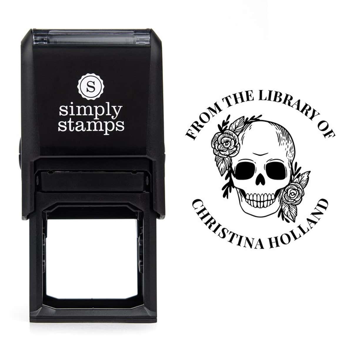 Front view of self-inking stamp body with library book stamp impression example