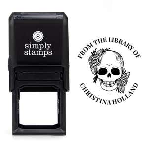 Front view of self-inking stamp body with library book stamp impression example