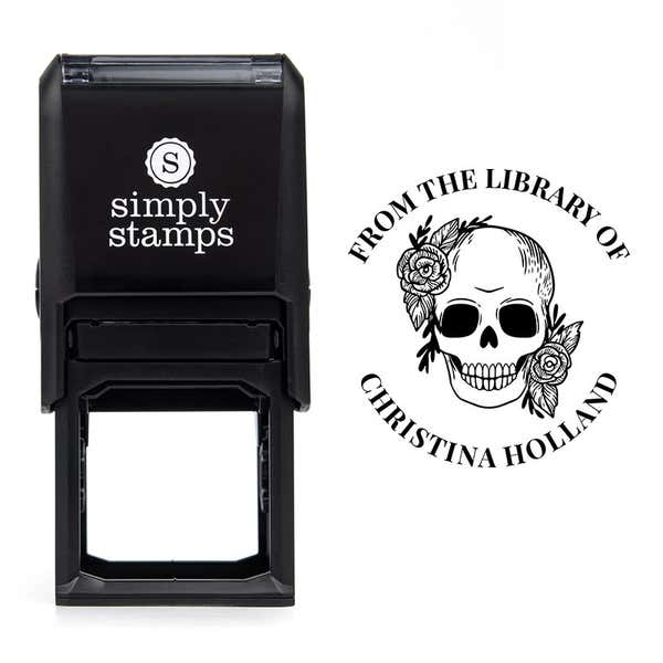 Front view of self-inking stamp body with library book stamp impression example