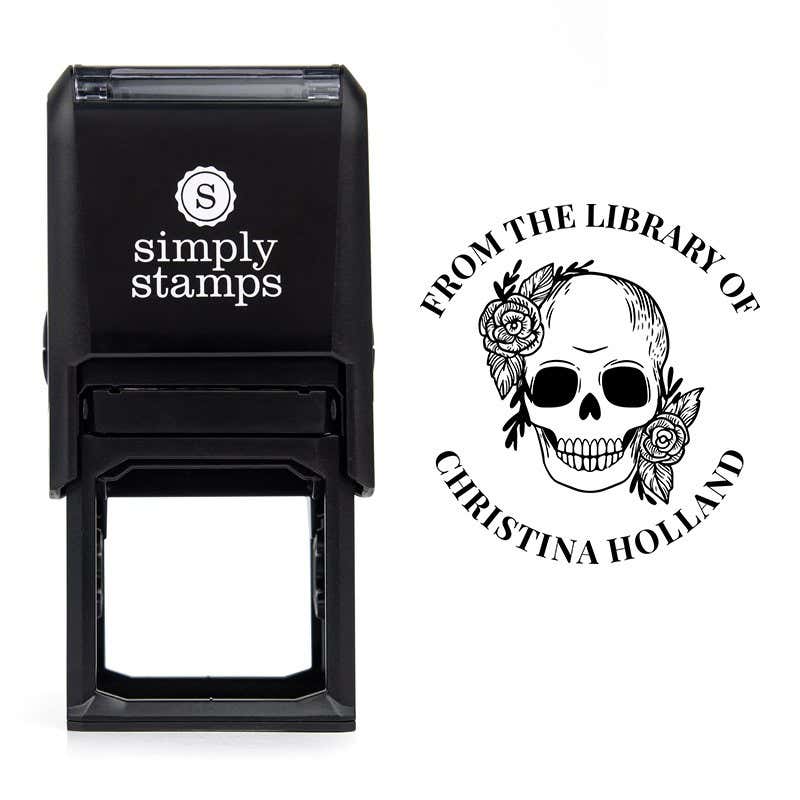 Front view of self-inking stamp body with library book stamp impression example
