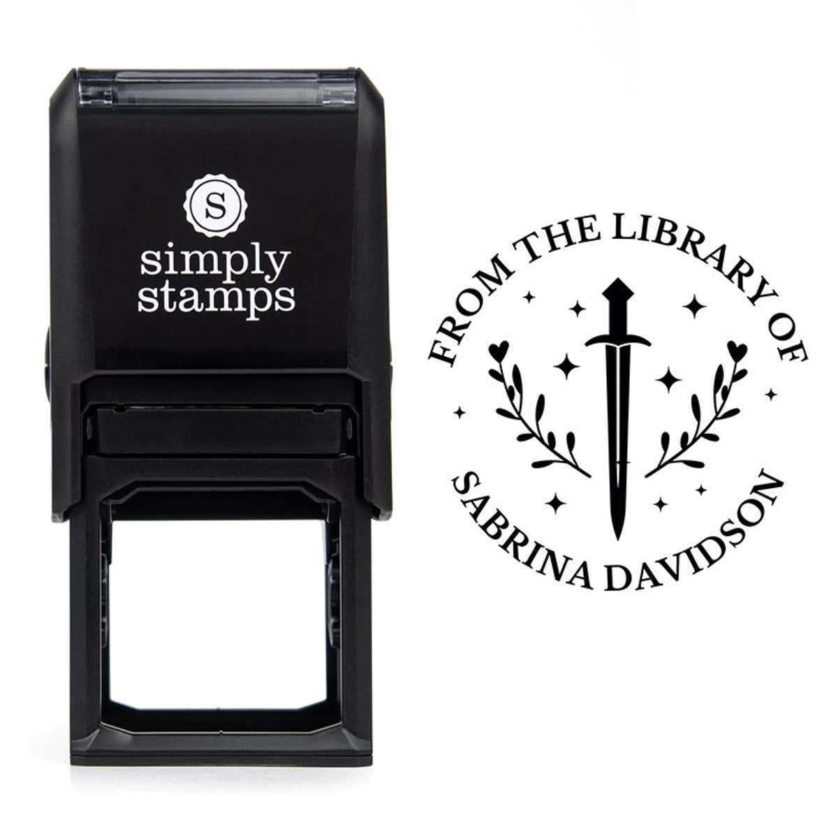 Front view of self-inking stamp body with library book stamp impression example