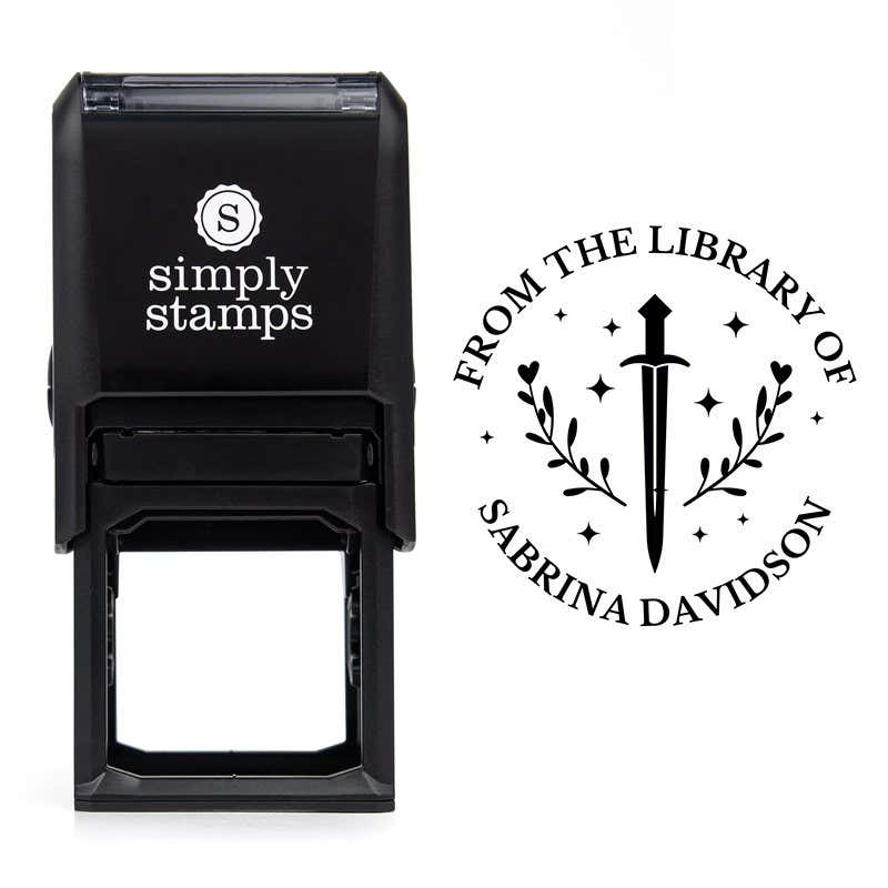 Front view of self-inking stamp body with library book stamp impression example