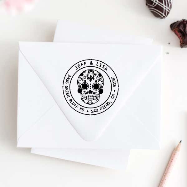 Sugar Skull Eleven Round Address Stamp Imprint Example