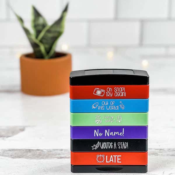 The stacked teacher stamp comes in a handy case and stores easily