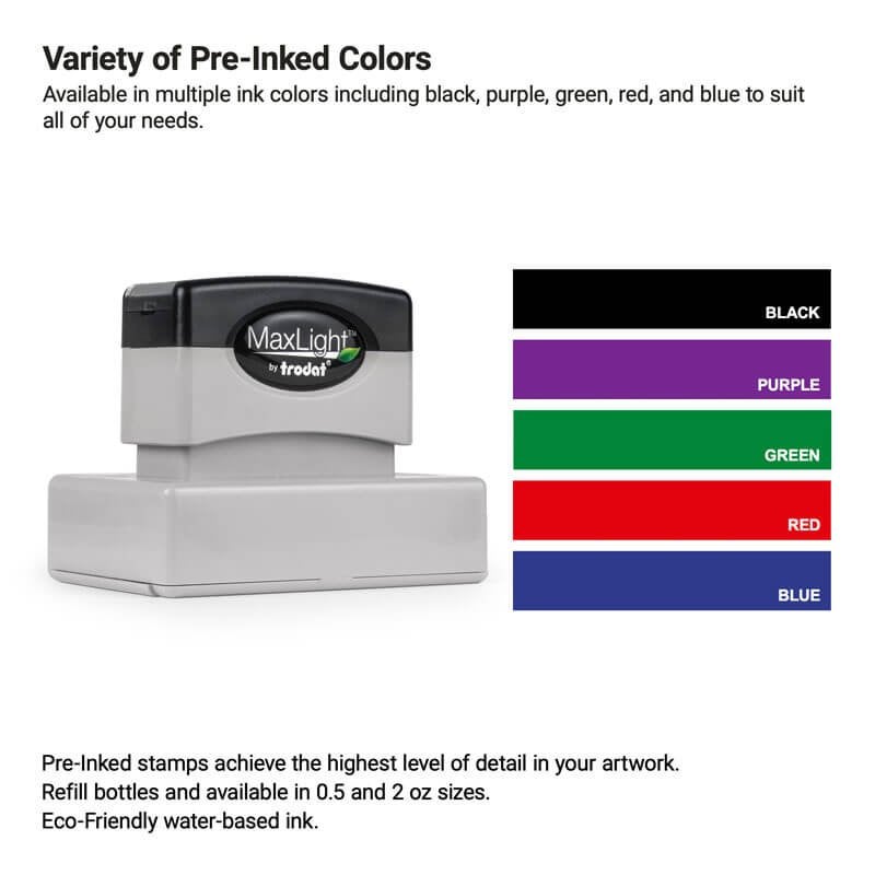 Pre-inked stamp shown next to a chart of available ink pad colors—black, purple, green, red, and blue. Ideal for detailed logo stamps using eco-friendly, water-based ink