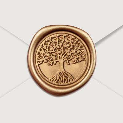 Gold Wax Seal Sticker, Tree of Life Design Close Up on Envelope