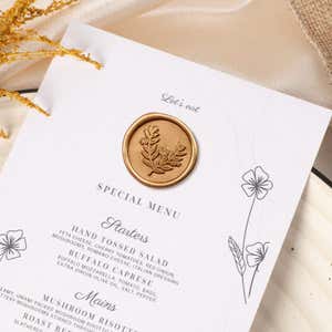 Gold Wax Seal Sticker, Eucalyptus Design Placed on a  Wedding Menu