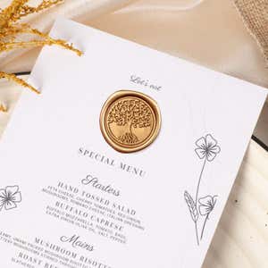 Gold Wax Seal Sticker, Tree of Life Design Placed on a  Wedding Menu