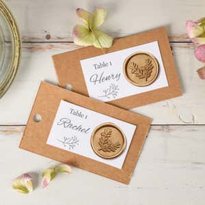 Gold Wax Seal Sticker, Eucalyptus Design Placed on Seating Cards for a Wedding