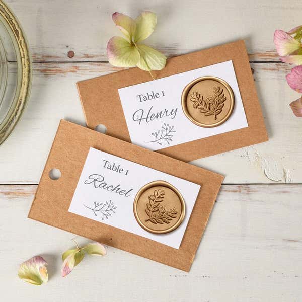 Gold Wax Seal Sticker, Eucalyptus Design Placed on Seating Cards for a Wedding