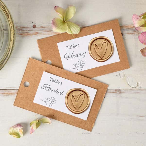 Gold Wax Seal Sticker, Heart Design Placed on Seating Cards for a Wedding