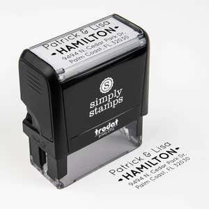 Drops Couple Address Self-Inking Stamp impression next to stamp body at an angle 