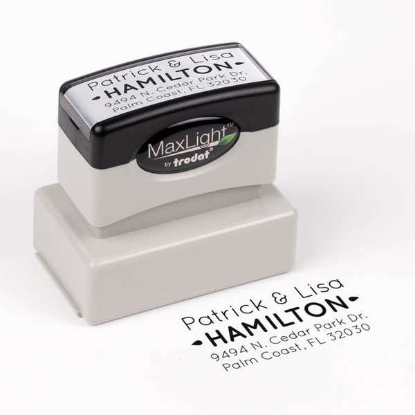 Drops Couple Address Pre-Inked Stamp impression next to stamp body at an angle 