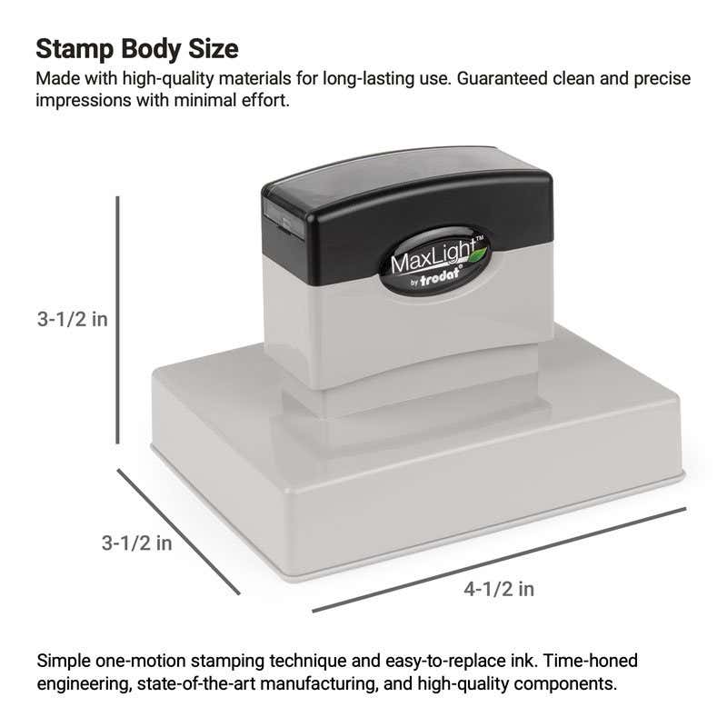 View of a MaxLight stamp showing body dimensions: 3-1/2" tall x 3-1/2" deep x 4-1/2" wide