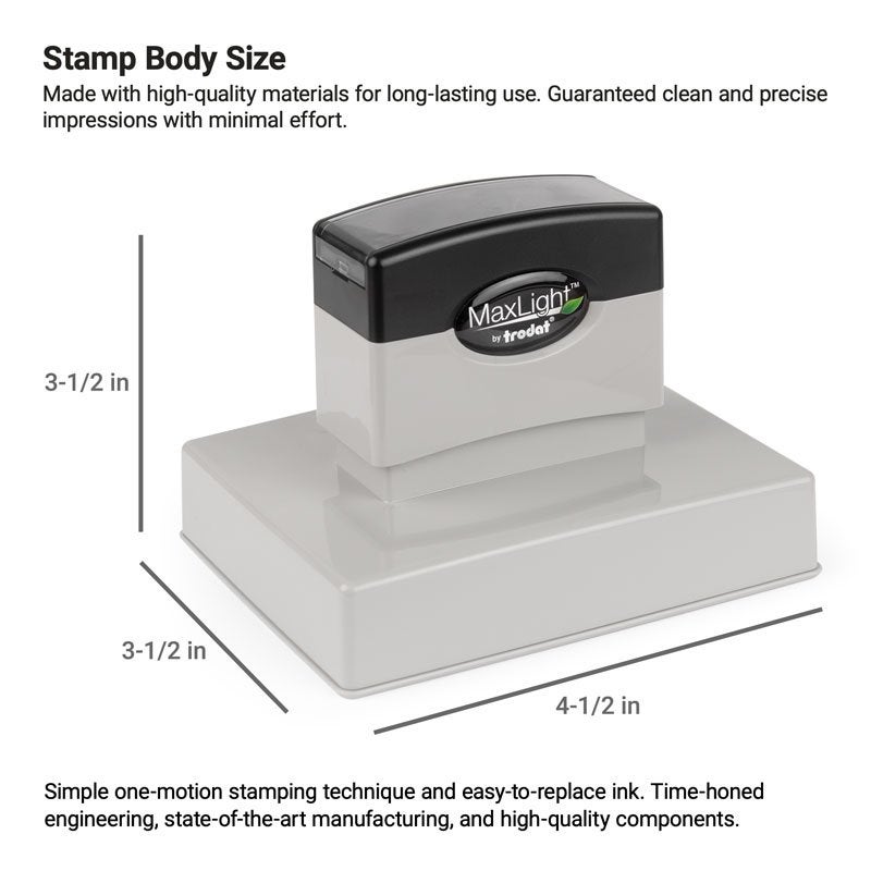 View of a MaxLight stamp showing body dimensions: 3-1/2" tall x 3-1/2" deep x 4-1/2" wide