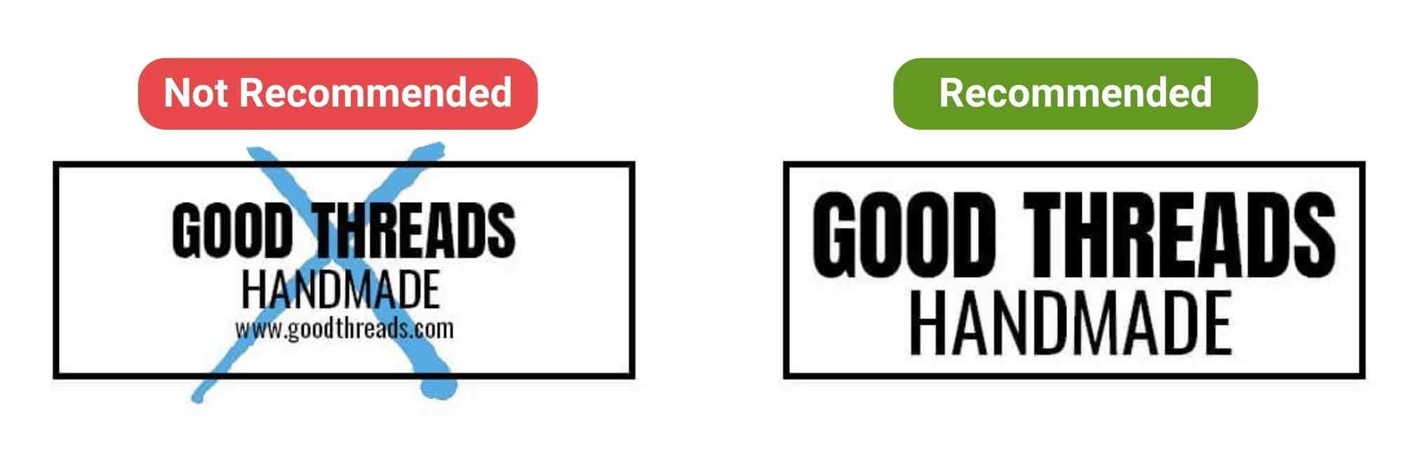 Example comparing a busy logo design with too much small text against a simple, bold logo that stamps clearly on fabric