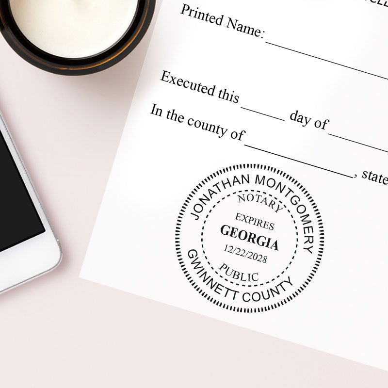 Compliant notary stamp impression designed to meet state requirements for Georgia 