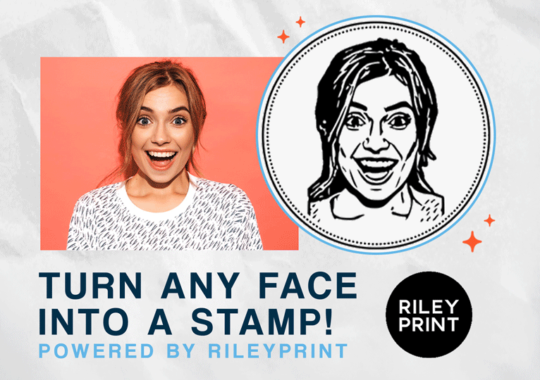 Custom face stamp created from a photo showing a real image and stamped impression