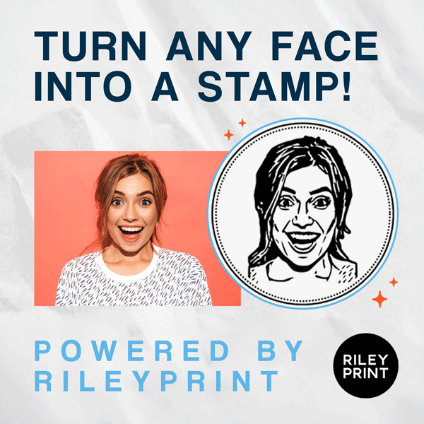 Custom face stamp created from a photo showing a real image and stamped impression